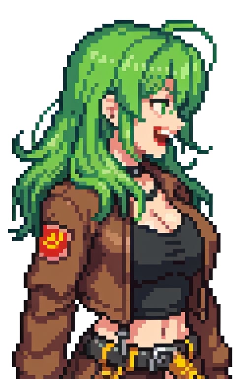 1990s (style), profile, 1 girl, scifi, white background, ammo belt, big hair, jacket, green hair, Pixel art, medium closup, facing left, waist up, cleavage, bare_midriff, Laughing, hand on hip