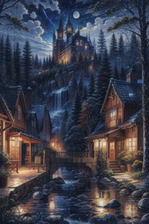 KAWAII: oil painting a loghouse town in the woods hills with moon light full view 