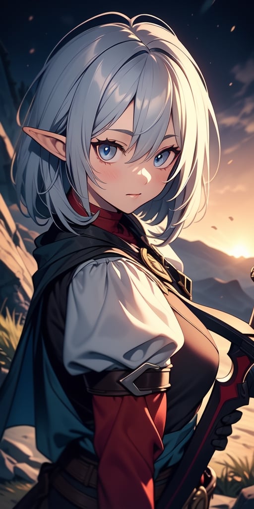 High Elf silver hair from Goblin Slayer wearing dnd outfit carrying a sword,portrait, 18 year old. poseing