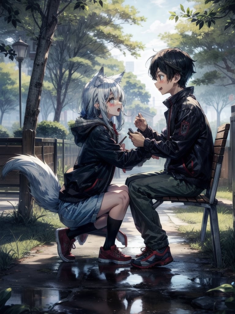 KAWAII: wolf girl at the park playing with a boy