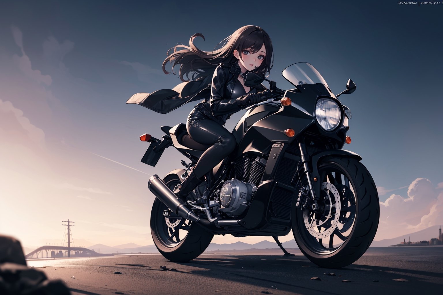 (masterpiece), Full body shot, Cute young woman in Japan (glamorous shape, shoulder length brown hair), wearing leather clothes (leather black riding jacket, Glossy satin black bikini under riding jacket, Leather Black Riding Gloves, Leather Black Pants, Leather Black High Heel Long Boots), photo of the whole motorcycle (Ride an old traditional shiny metallic silver motorcycle at the wharf), the woman is staring at night view over the sea, absolutely pretty face, Double eyelids, Natural makeup, long eyelashes, Glossy lips, 8K resolution, high details, detailed hairstyle, Detailed face, Black eyes, elegent, epicd, Cinematic lighting, Octane Rendering, Vibrant, Hyper realistic, Fair skin, Perfect limbs, Perfect Anatomy