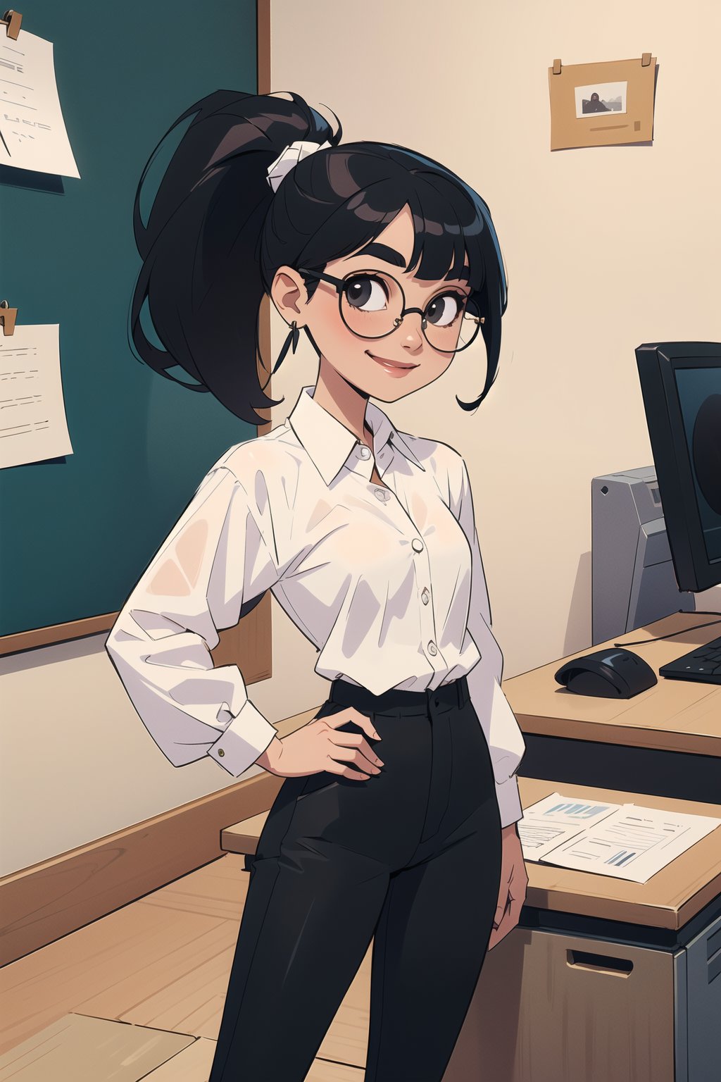 masterpiece, best quality, 1girl, standing in an office, solo, (black hair, ponytail, round glasses), ((fringe)), big eyebrows, happy smile, closed mouth, (white button shirt, black pants, big earrings, flat chest, SAM YANG, office background, office settings, 