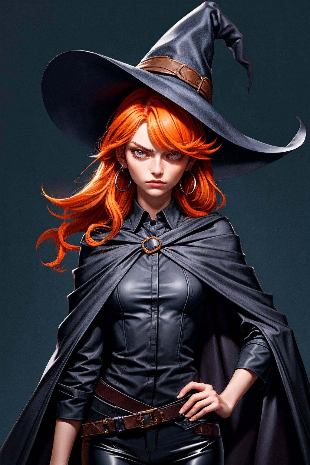 cowboy shot of a woman wearing a police uniform, orange hair, black suit shirt, black magic cloak, big witch hat, pants, clear skin, skinny, slim body, long earrings, model pose, angry, magic city street in the night, fantasy background, realist background, Realism,Portrait, ,sks woman