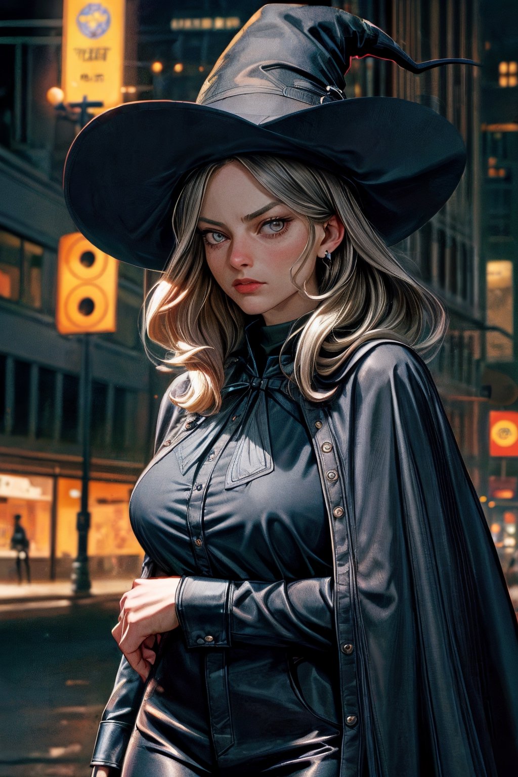 cowboy shot of a woman wearing a police uniform, black suit shirt, black magic cloak, big witch hat, pants, clear skin, skinny, slim body, long earrings, angry, mole in the cheek, magic city street in the night, fantasy background, realist background, Realism,Portrait, melissabenoist-smf,m4rg0t