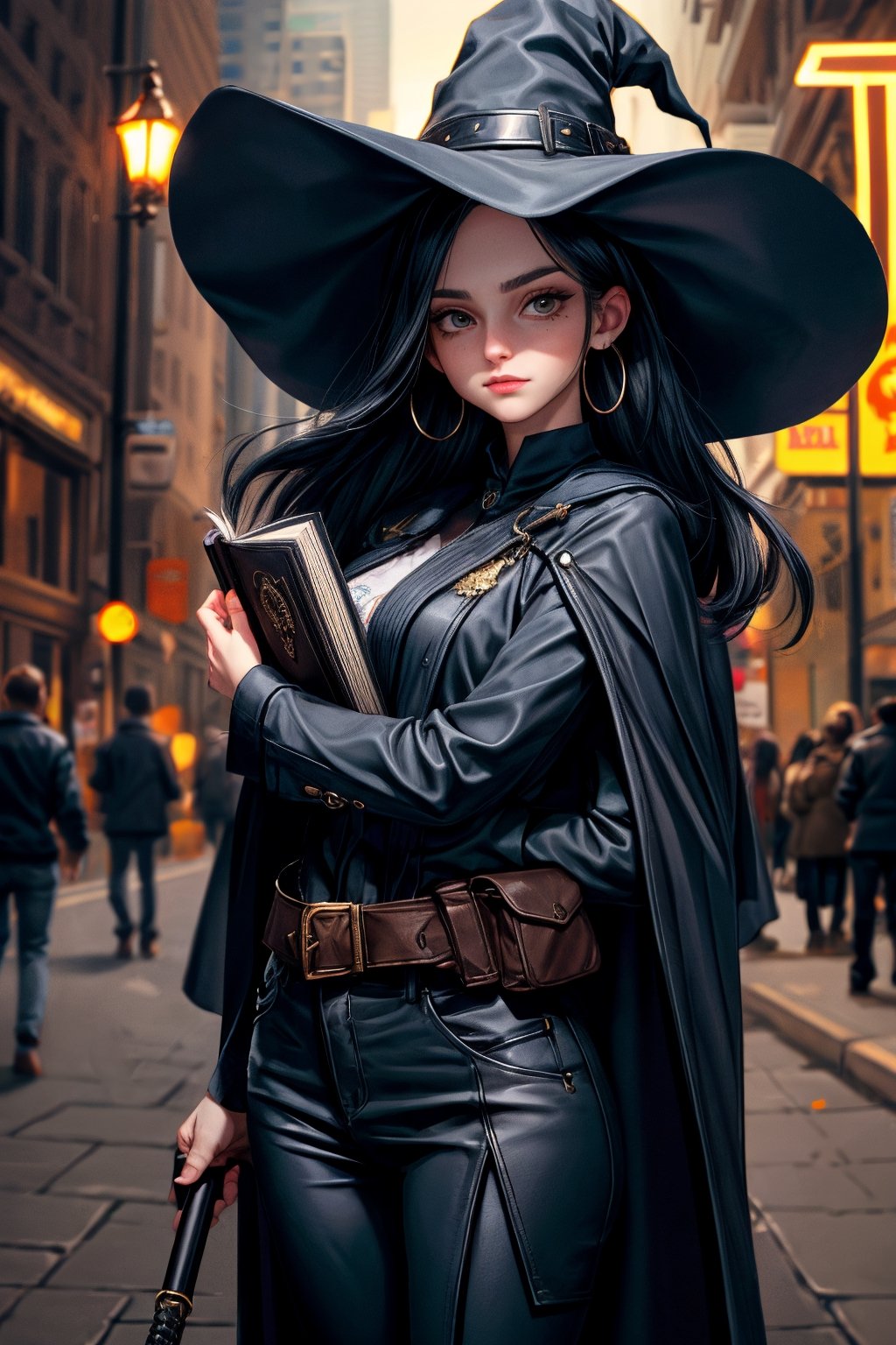 cowboy shot of a woman wearing a police uniform, black magic cloak, big forehead, dark black long hair, very straight hair divided in half, straight hairstyle cut, big witch hat, pants, holding a magic book, clear skin, skinny, slim body, long earrings, mole in the cheek, model pose, magic city street in the night, fantasy background, realist background, Realism,Portrait,