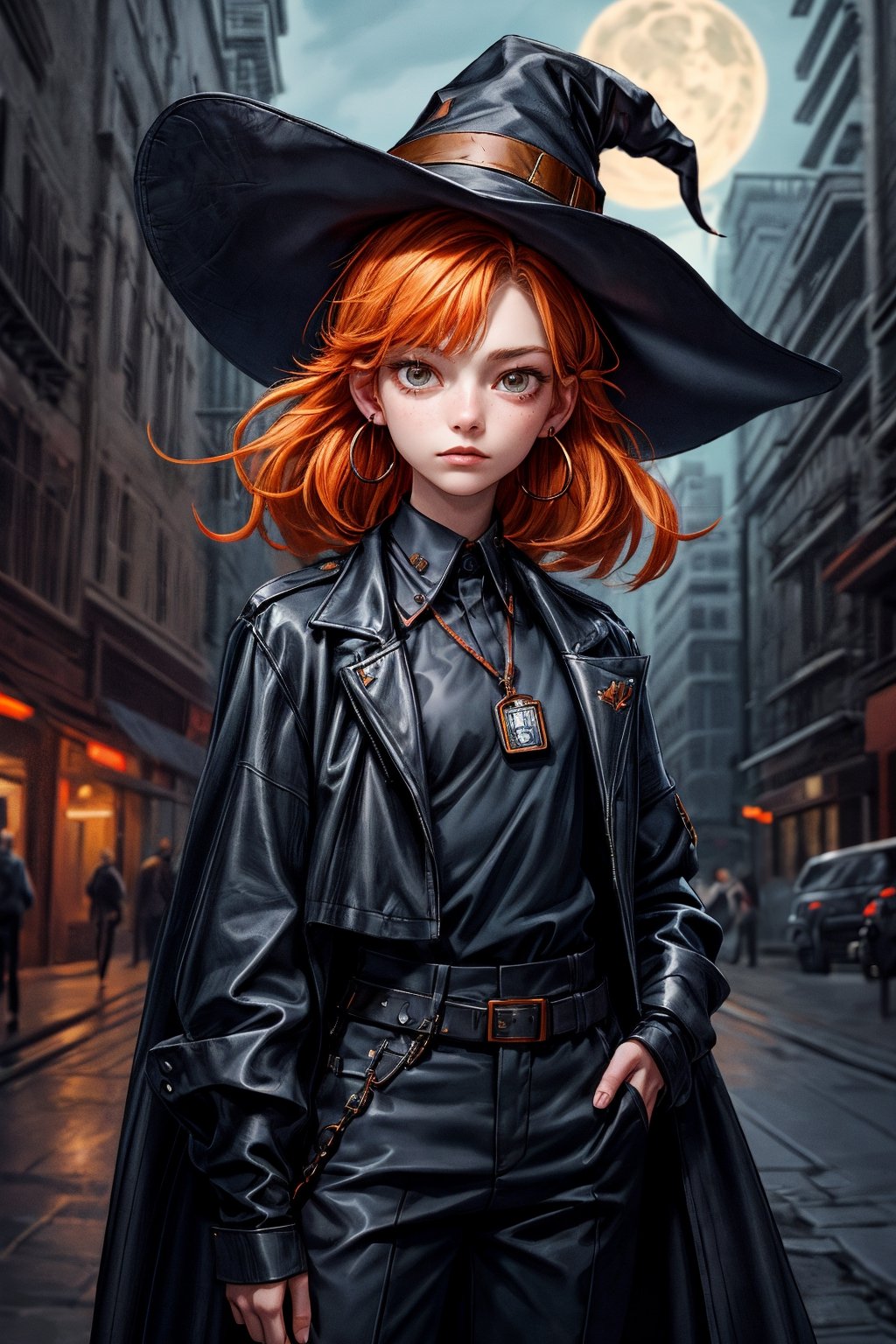 cowboy shot of a woman wearing a police uniform, orange hair, black suit shirt, black magic cloak, big witch hat, pants, clear skin, skinny, slim body, long earrings, model pose, in a magic city street, in the night, fantasy background, realist background, Realism,Portrait, ,sks woman