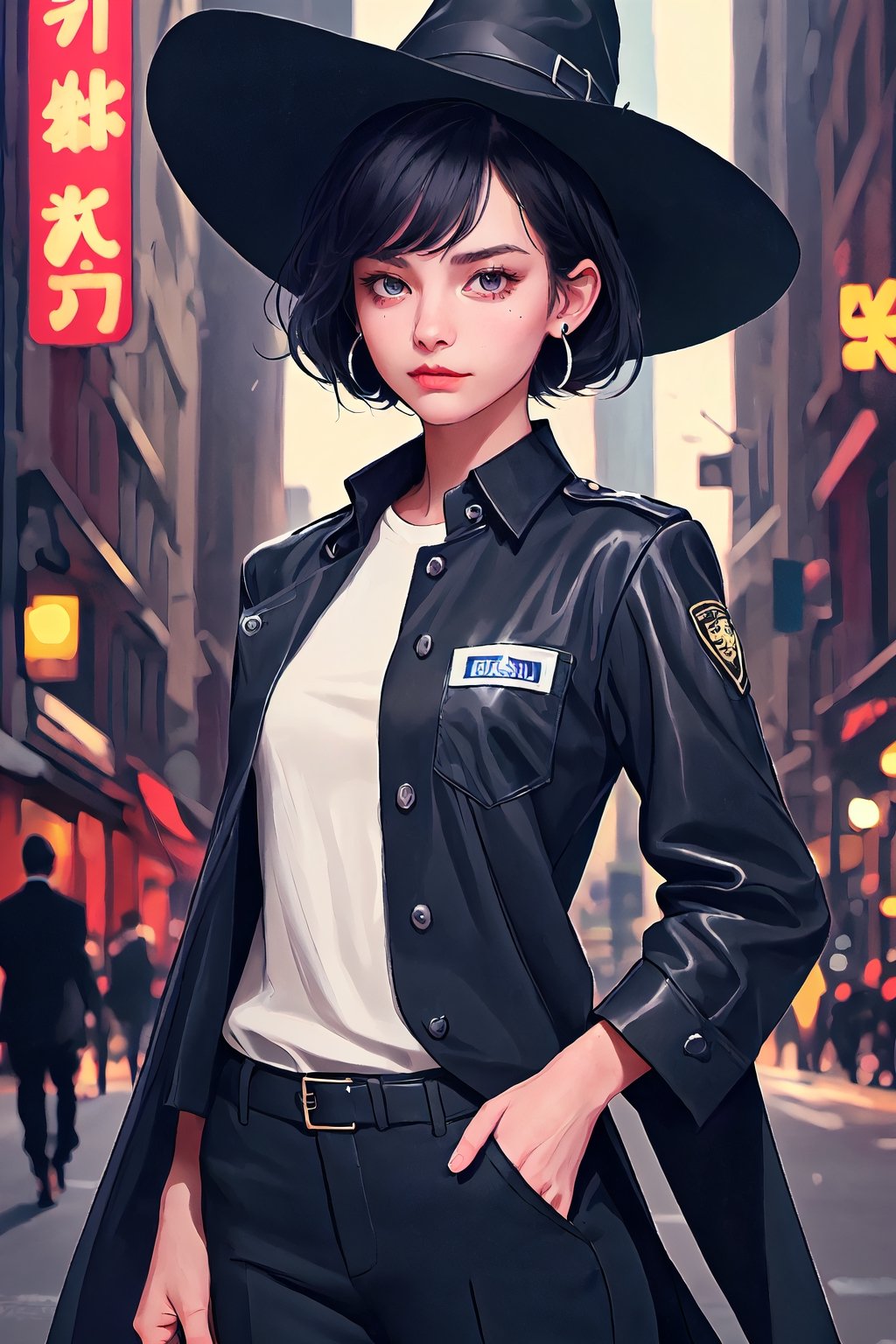 cowboy shot of a woman wearing a police uniform, black suit shirt, black magic cloak, black short hair, big witch hat, pants, clear skin, skinny, slim body, long earrings, angry, mole in the cheek, model pose, magic city street in the night, fantasy background, realist background,