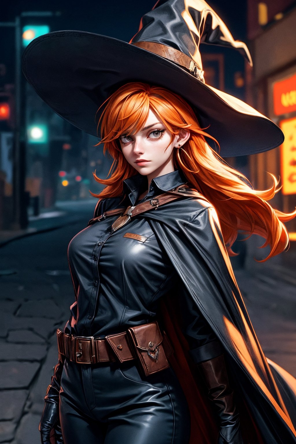 cowboy shot of a woman wearing a police uniform, orange hair, black suit shirt, black magic cloak, big witch hat, pants, clear skin, skinny, slim body, long earrings, model pose, in a magic city street, in the night, fantasy background, realist background, Realism,Portrait, ,sks woman