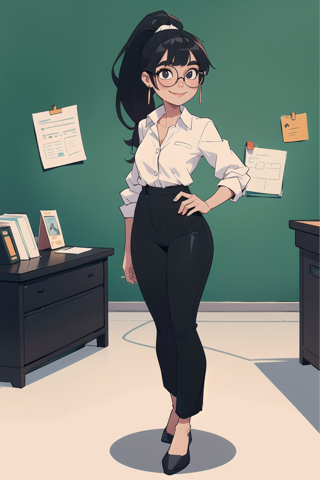 masterpiece, best quality, 1girl, standing in an office, solo, (black hair, ponytail, round glasses), ((fringe)), big eyebrows, happy smile, closed mouth, (white button shirt, black pants, big earrings, flat chest, SAM YANG, office background, office settings, 