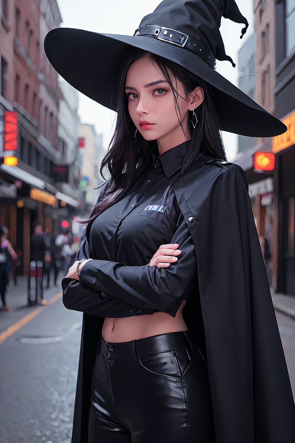 full shot of a woman wearing a police uniform, black suit shirt, black magic cloak, black medium hair, big witch hat, pants, clear skin, skinny, slim body, long earrings, angry, mole in the cheek, model pose, magic city street in the night, fantasy background, realist background,