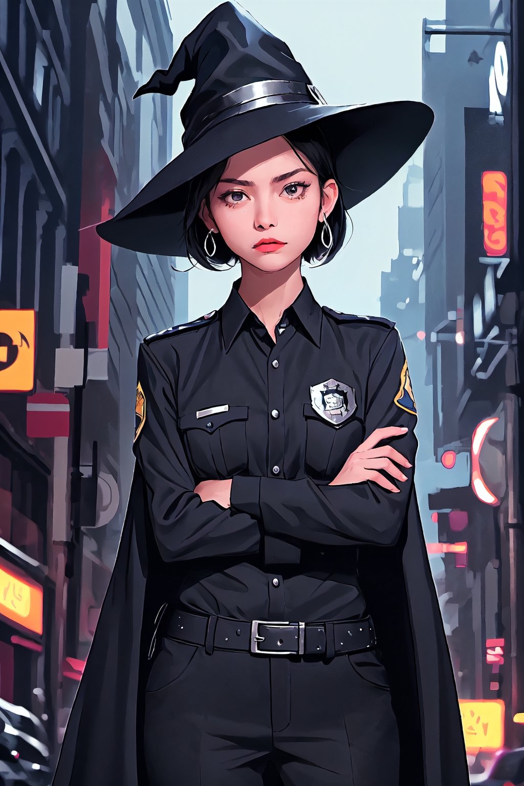 full shot of a woman wearing a police uniform, black suit shirt, black magic cloak, black short hair, big witch hat, pants, clear skin, skinny, slim body, long earrings, angry, mole in the cheek, model pose, magic city street in the night, fantasy background, realist background,