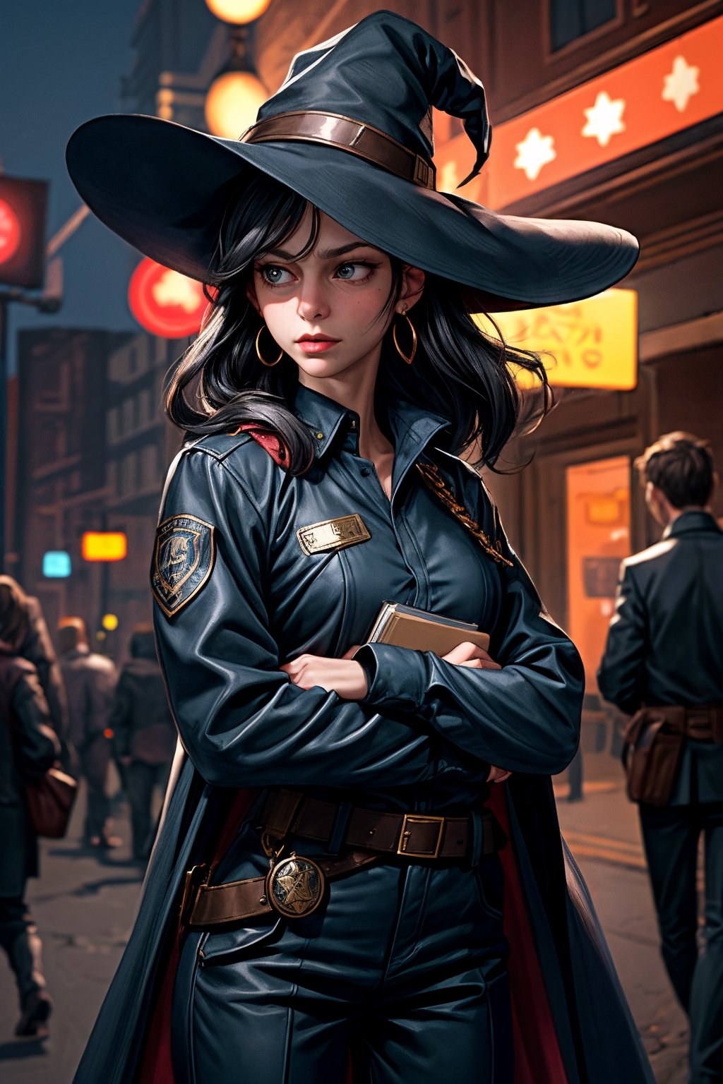 cowboy shot of a woman wearing a police uniform, black suit shirt, black magic cloak, black hair, big witch hat, pants, clear skin, skinny, slim body, with a book in the belt, long earrings, angry, mole in the cheek, magic city street in the night, fantasy background, realist background, Realism,Portrait, melissabenoist-smf