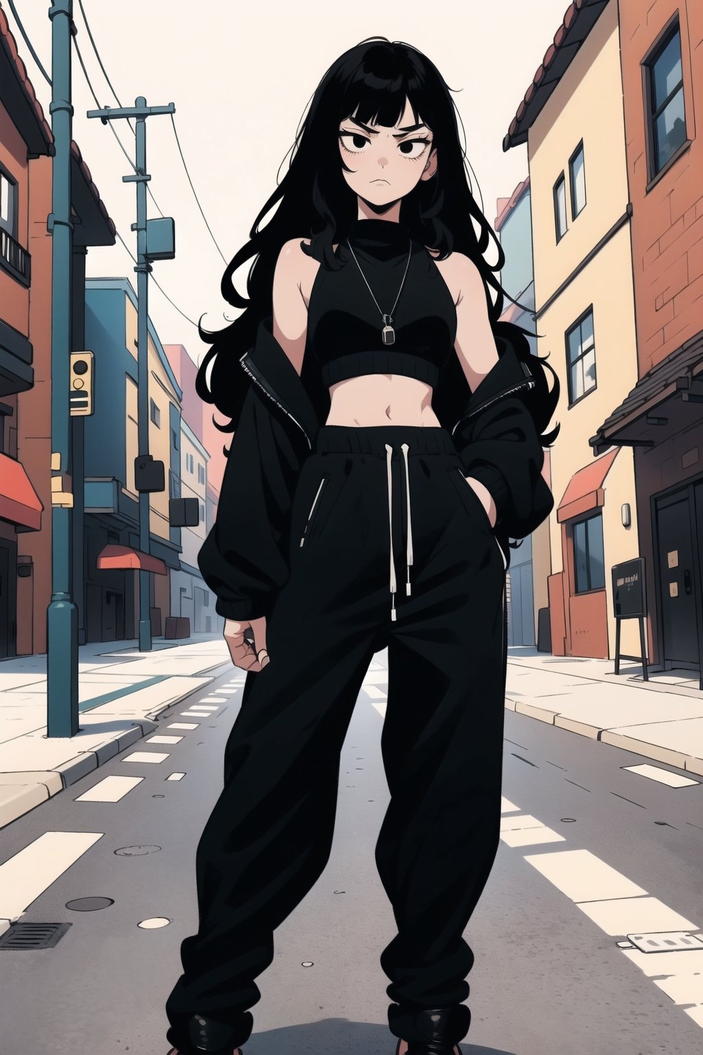 1 girl (25 years old), dark black hair (curly hair, long hair), (best quality), (black eyes), thin body, slim body, serious face, 
leather jacket, black top, black baggy joggers (wool joggers, baggy pants) , black leather boots,
Standing in the street,niji