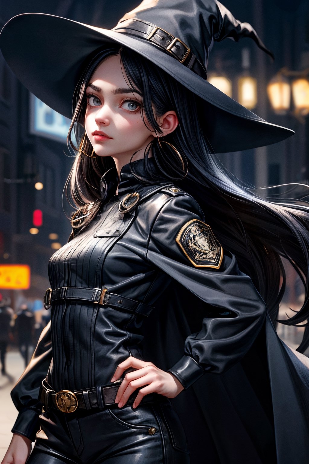 cowboy shot of a woman wearing a police uniform, shirt, black magic cloak, big forehead, dark black long hair, very straight hair divided in half, straight hairstyle cut, big witch hat, pants, clear skin, skinny, slim body, long earrings, angry, mole in the cheek, model pose, magic city street in the night, fantasy background, realist background, Realism,Portrait,