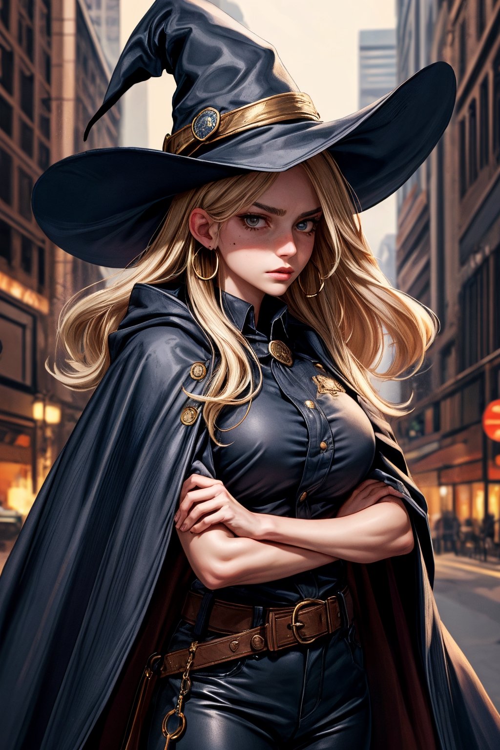 cowboy shot of a woman wearing a police uniform, shirt, black magic cloak, blond hair, big witch hat, pants, clear skin, skinny, slim body, long earrings, angry, mole in the cheek, model pose, magic city street in the night, fantasy background, realist background, Realism,Portrait,