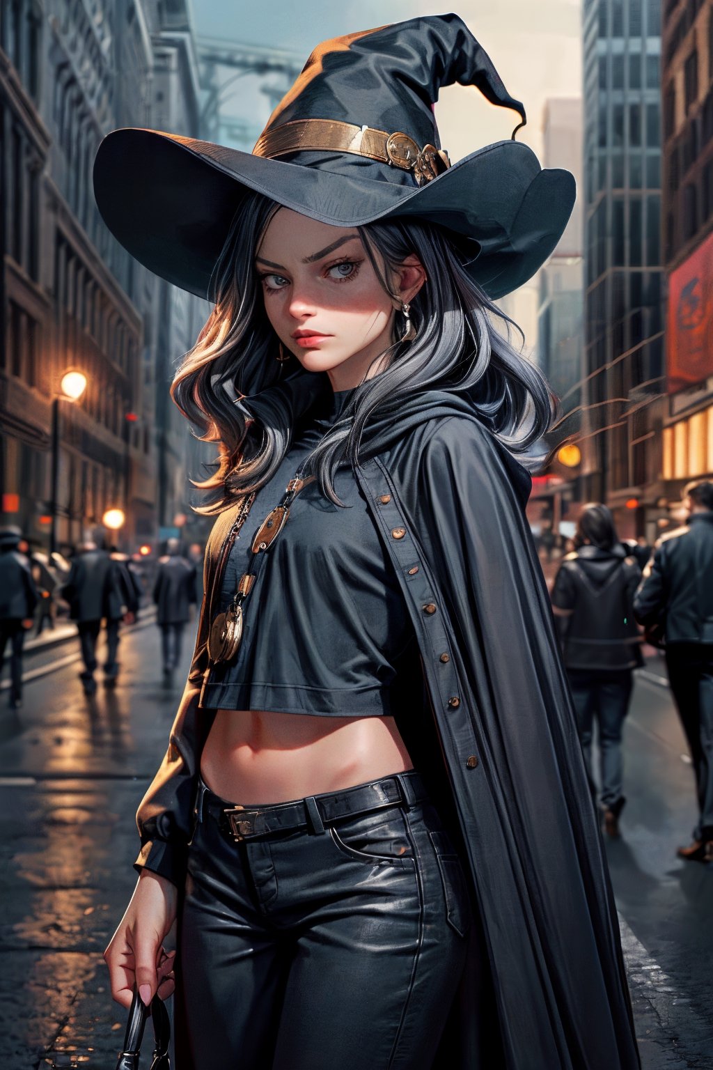 cowboy shot of a woman wearing a police uniform, black suit shirt, black magic cloak, big witch hat, pants, clear skin, skinny, slim body, long earrings, model pose, angry, magic city street in the night, fantasy background, realist background, Realism,Portrait, melissabenoist-smf,m4rg0t