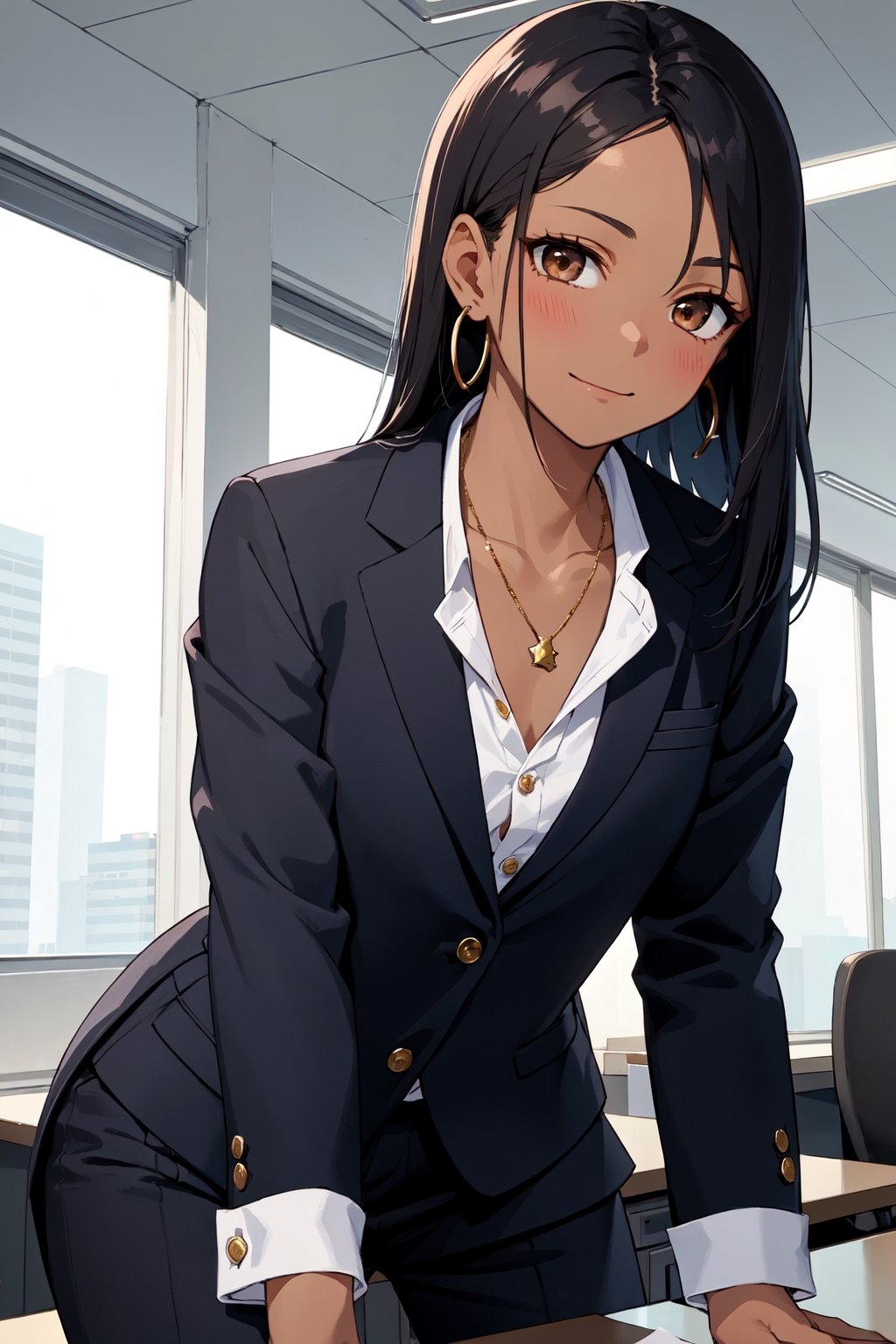 1girl, adult female, adult woman, dark black hair, (dark skin), ((dark indian skin)), dark brown skin, (best quality),(brown eyes), adult woman, round face, curvy, dangling jeweled earrings, black business suit, green button-up shirt, slacks, at office, confident businesswoman, office setting, at office, suit jacket, cleavage, gold necklace, working, office setting, at desk, black suit jacket, slight smile, confident expression, dark office, romantic lighting, girl by herself, girl alone at work

