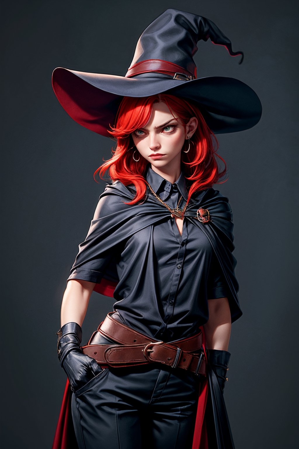 cowboy shot of a woman wearing a police uniform, red hair, black suit shirt, black magic cloak, big witch hat, pants, clear skin, skinny, slim body, long earrings, model pose, angry, magic city street in the night, fantasy background, realist background, Realism,Portrait, ,sks woman