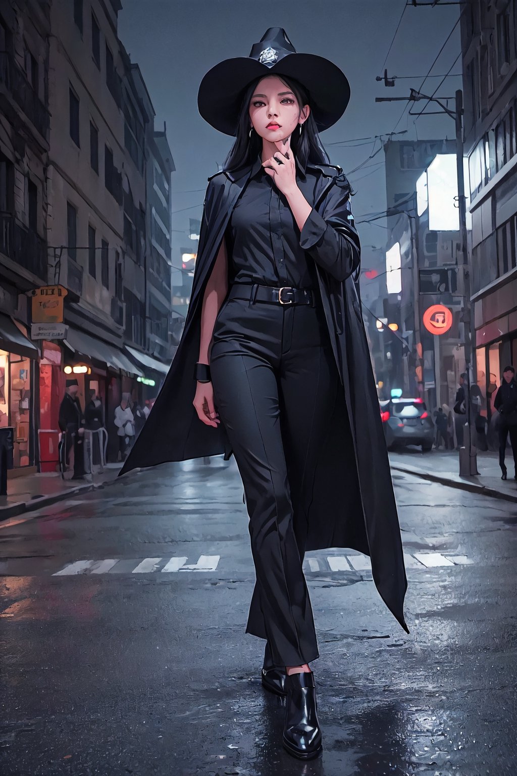 full shot of a woman wearing a police uniform, black suit shirt, black magic cloak, black medium hair, big witch hat, pants, clear skin, skinny, slim body, long earrings, angry, mole in the cheek, model pose, magic city street in the night, fantasy background, realist background,