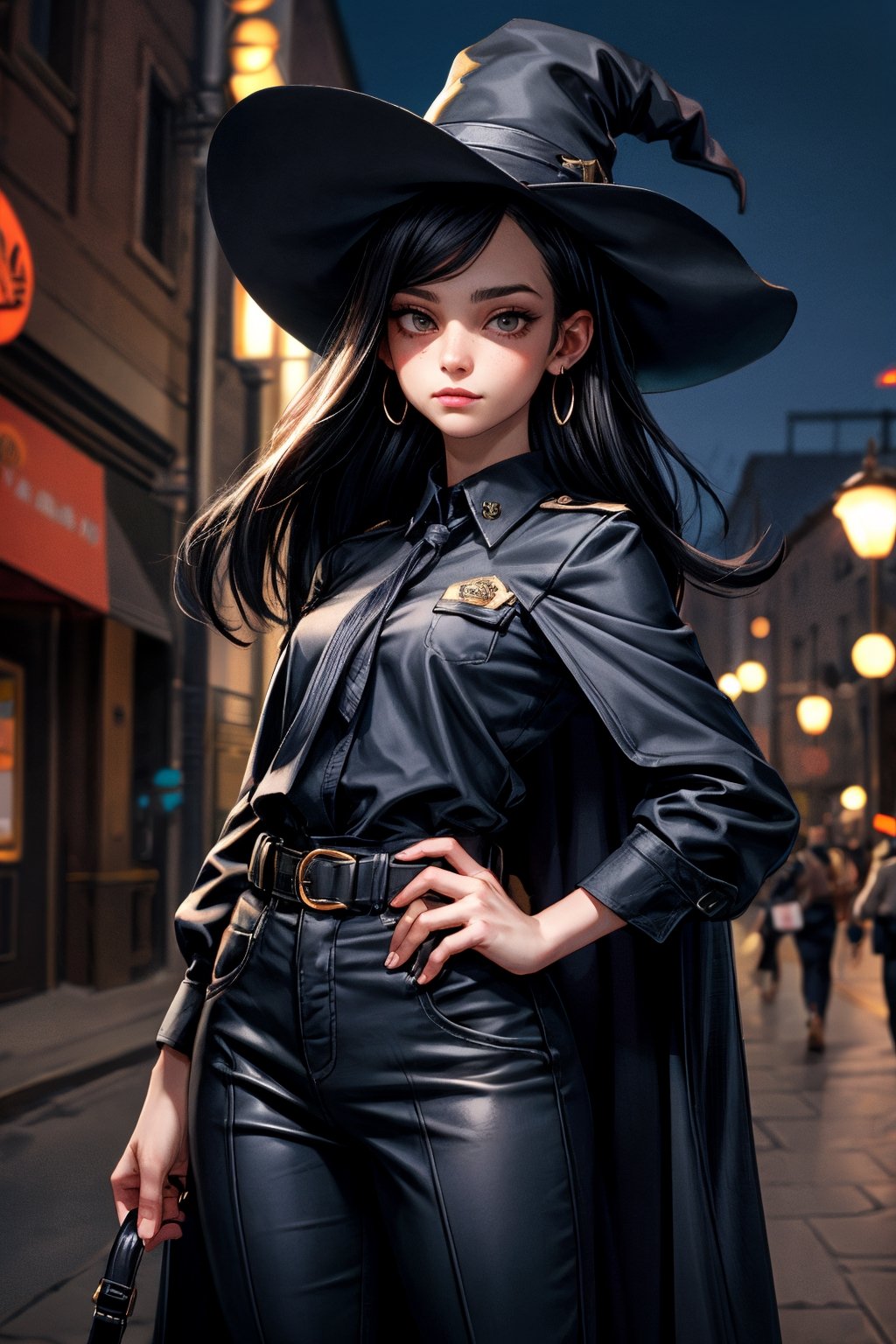 cowboy shot of a woman wearing a police uniform, shirt, black magic cloak, big forehead, dark black long hair, very straight hair divided in half, straight hairstyle cut, big witch hat, pants, clear skin, skinny, slim body, long earrings, mole in the cheek, model pose, magic city street in the night, fantasy background, realist background, Realism,Portrait,