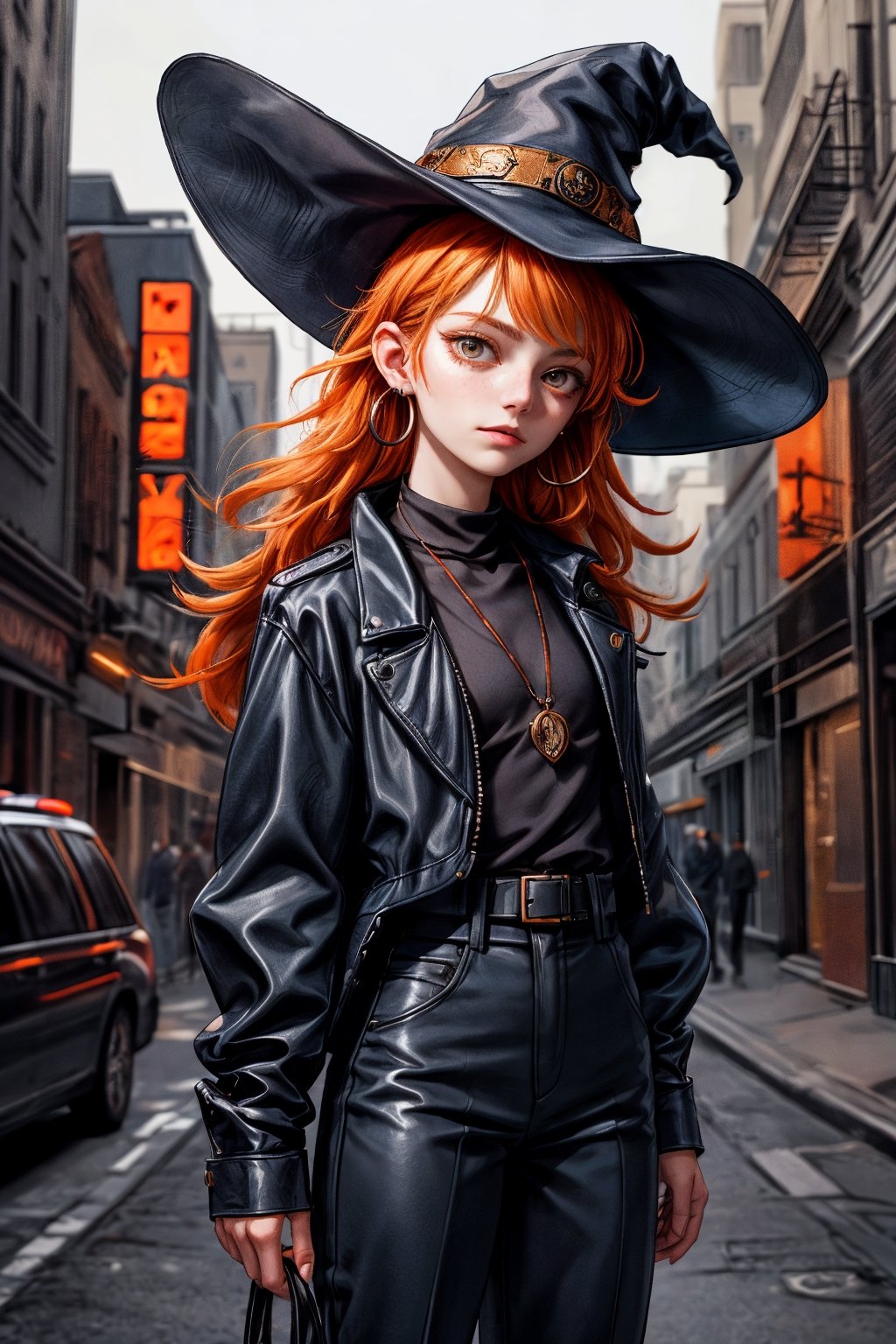 cowboy shot of a woman wearing a police uniform, orange hair, black suit shirt, black magic cloak, big witch hat, pants, clear skin, skinny, slim body, long earrings, model pose, in a magic city street, in the night, fantasy background, realist background, Realism,Portrait, ,sks woman