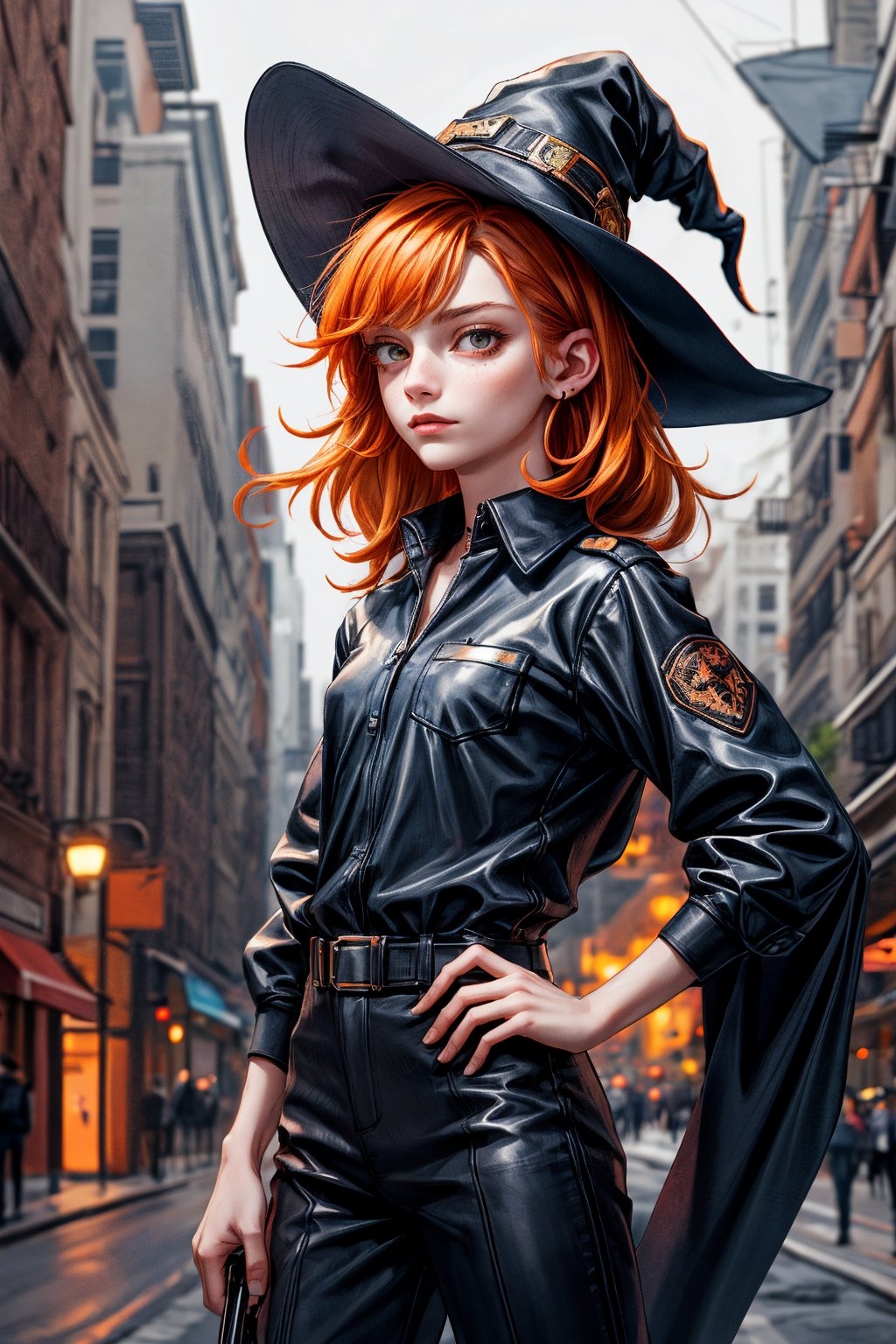 cowboy shot of a woman wearing a police uniform, orange hair, black suit shirt, black magic cloak, big witch hat, pants, clear skin, skinny, slim body, long earrings, model pose, in a magic city street, in the night, fantasy background, realist background, Realism,Portrait, ,sks woman