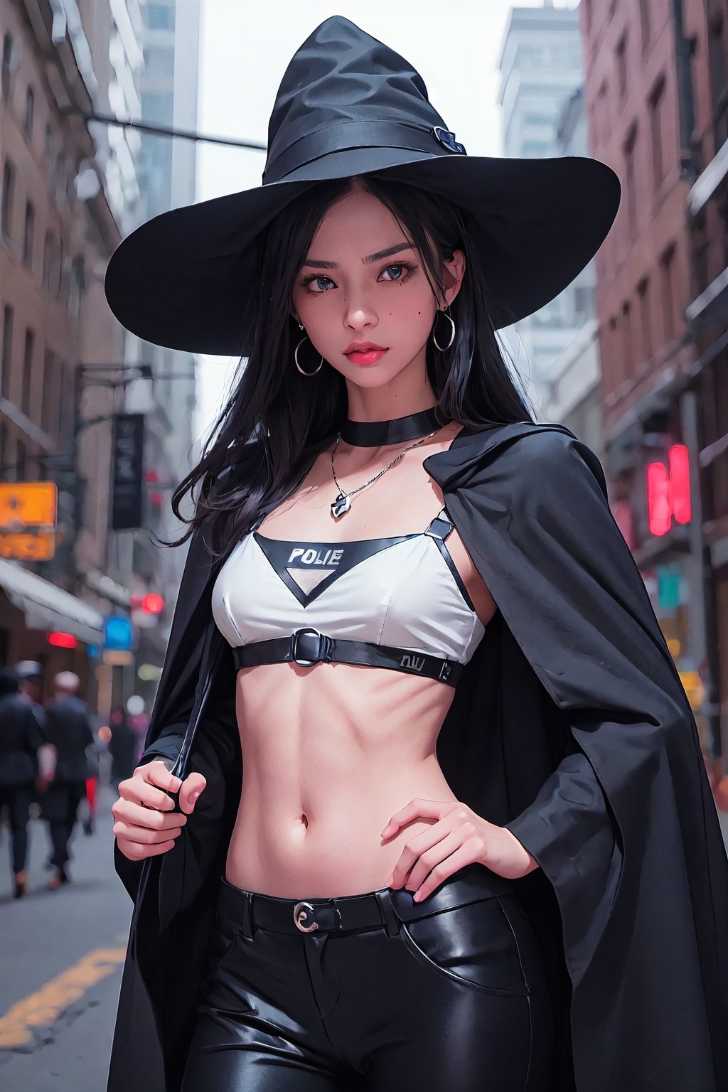 full shot of a woman wearing a police uniform, black suit shirt, black magic cloak, black medium hair, big witch hat, pants, clear skin, skinny, slim body, long earrings, angry, mole in the cheek, model pose, magic city street in the night, fantasy background, realist background,