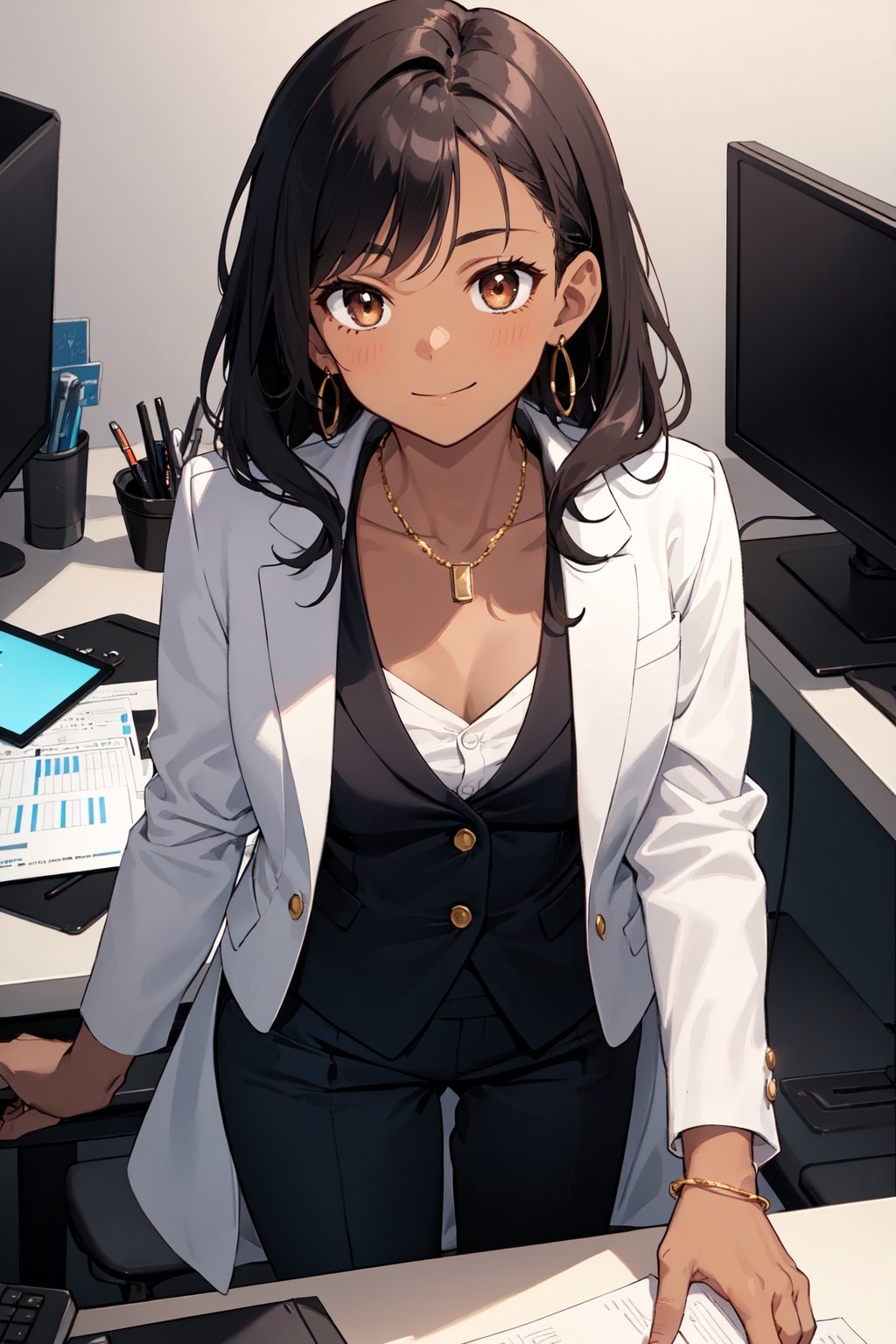1girl, adult female, adult woman, dark black hair, curly hair, (dark skin), ((dark indian skin)), dark brown skin, (best quality),(brown eyes), adult woman, round face, curvy, dangling jeweled earrings, black business suit, green button-up shirt, slacks, at office, confident businesswoman, office setting, at office, suit jacket, cleavage, gold necklace, working, office setting, at desk, black suit jacket, slight smile, confident expression, dark office, romantic lighting, girl by herself, girl alone at work

