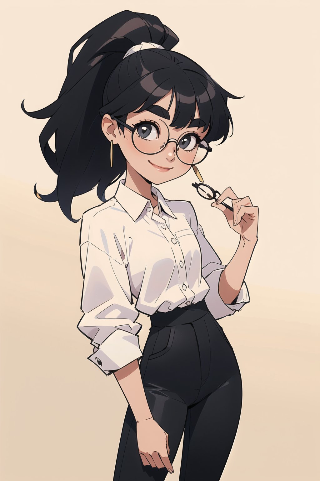 masterpiece, best quality, 1girl, standing in an office, solo, (black hair, ponytail, round glasses), ((fringe)), big eyebrows, happy smile, closed mouth, (white button shirt, black pants, big earrings, flat chest, SAM YANG, office background, office settings, 