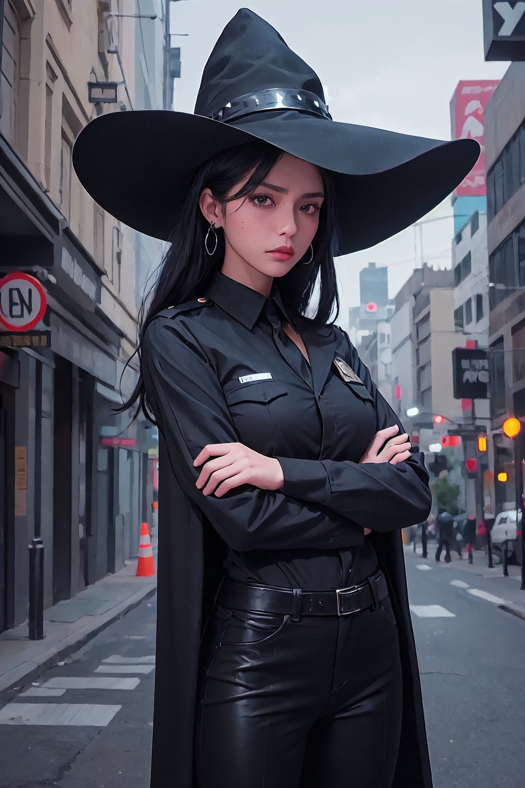 full shot of a woman wearing a police uniform, black suit shirt, black magic cloak, black medium hair, big witch hat, pants, clear skin, skinny, slim body, long earrings, angry, mole in the cheek, model pose, magic city street in the night, fantasy background, realist background,