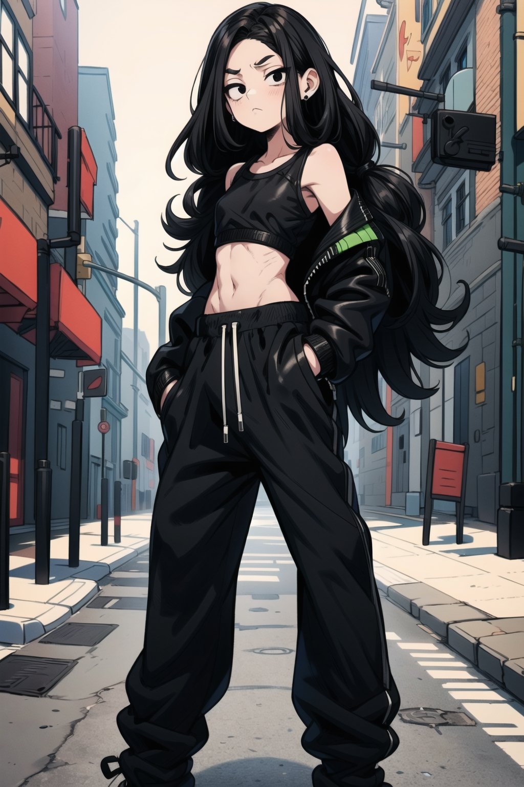 1 girl (25 years old), dark black hair (curly hair, long hair), (best quality), (black eyes), thin body, slim body, serious face, 
leather jacket, black top, black baggy joggers (wool joggers, baggy pants) , black leather high top boots ,
Standing in the street,niji
