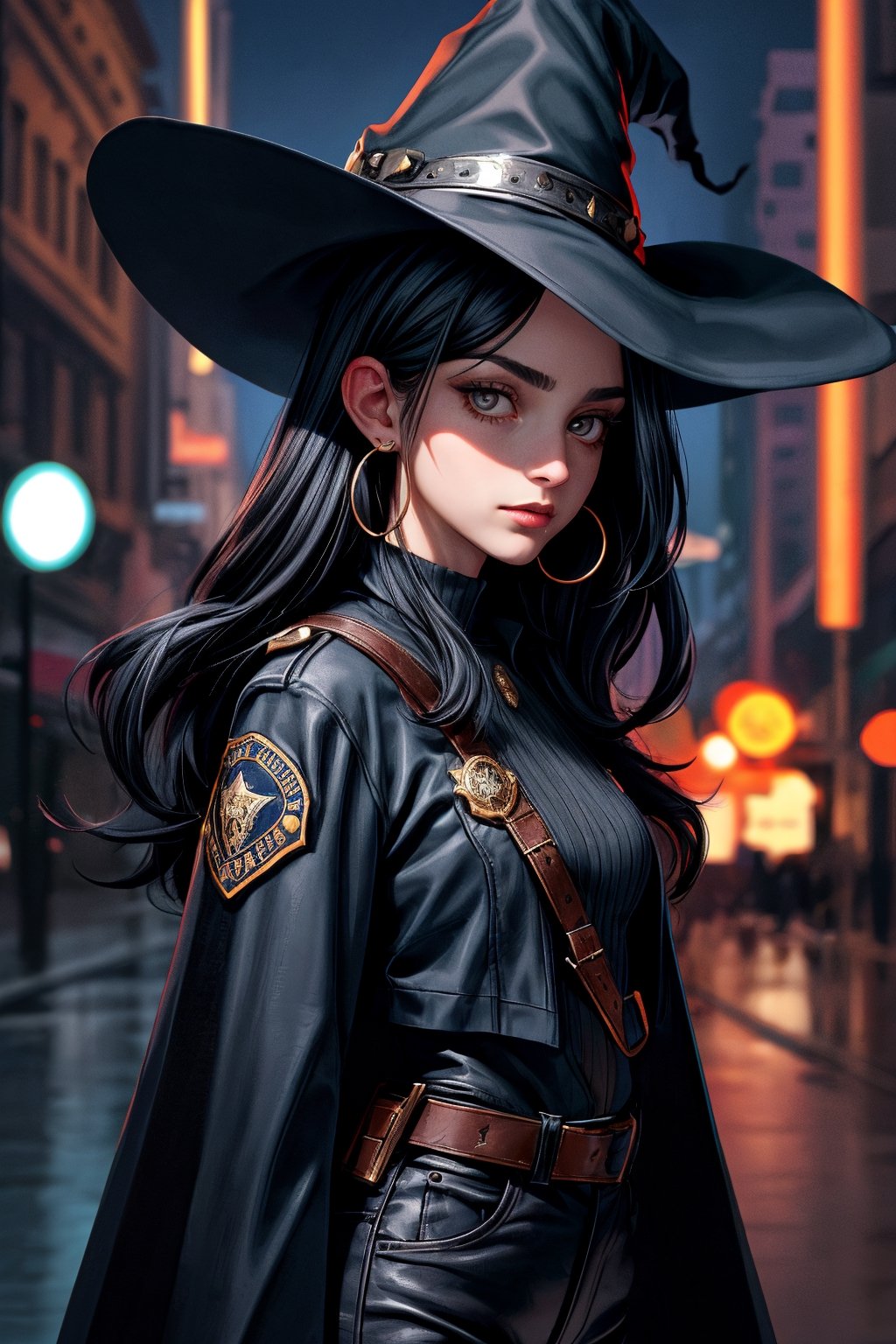 cowboy shot of a woman wearing a police uniform, black magic cloak, big forehead, dark black long hair, very straight hair divided in half, straight hairstyle cut, big witch hat, pants, clear skin, skinny, slim body, long earrings, mole in the cheek, model pose, magic city street in the night, fantasy background, realist background, Realism,Portrait,