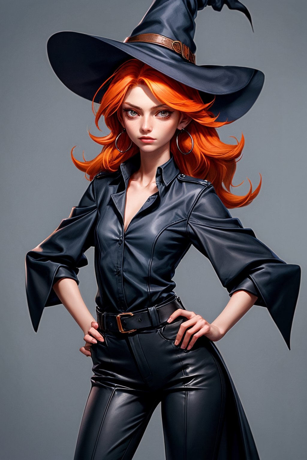 cowboy shot of a woman wearing a police uniform, orange hair, black suit shirt, black magic cloak, big witch hat, pants, clear skin, skinny, slim body, long earrings, model pose, in a magic city street, in the night, fantasy background, realist background, Realism,Portrait, ,sks woman