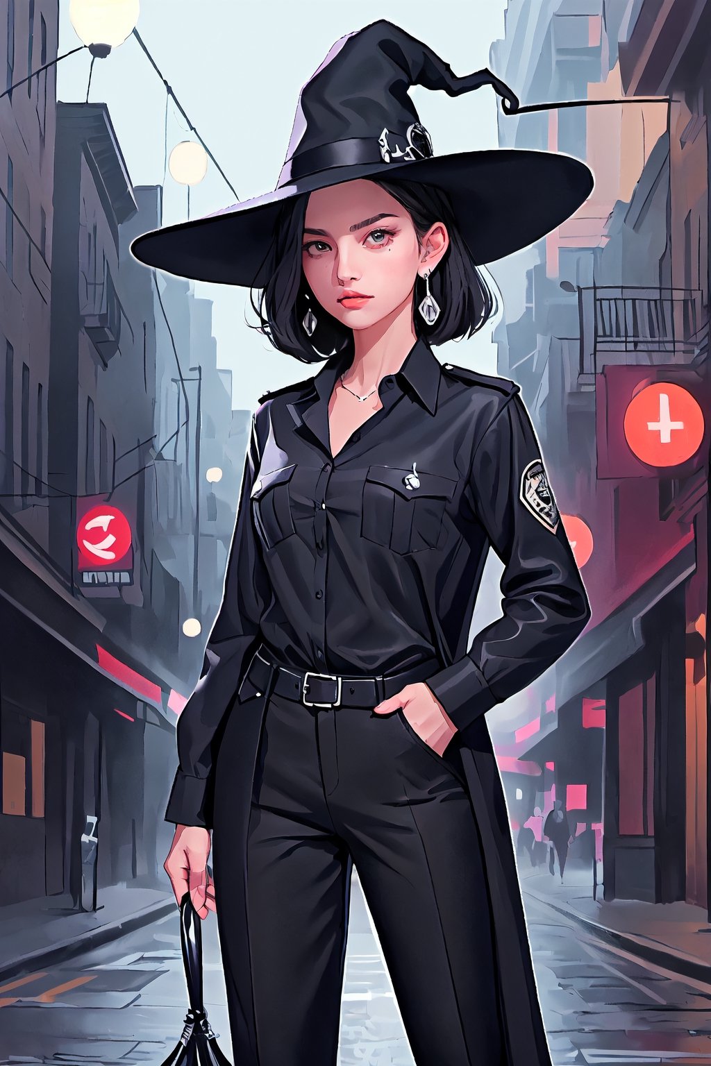 full shot of a woman wearing a police uniform, black suit shirt, black magic cloak, black short hair, big witch hat, pants, clear skin, skinny, slim body, long earrings, angry, mole in the cheek, model pose, magic city street in the night, fantasy background, realist background,