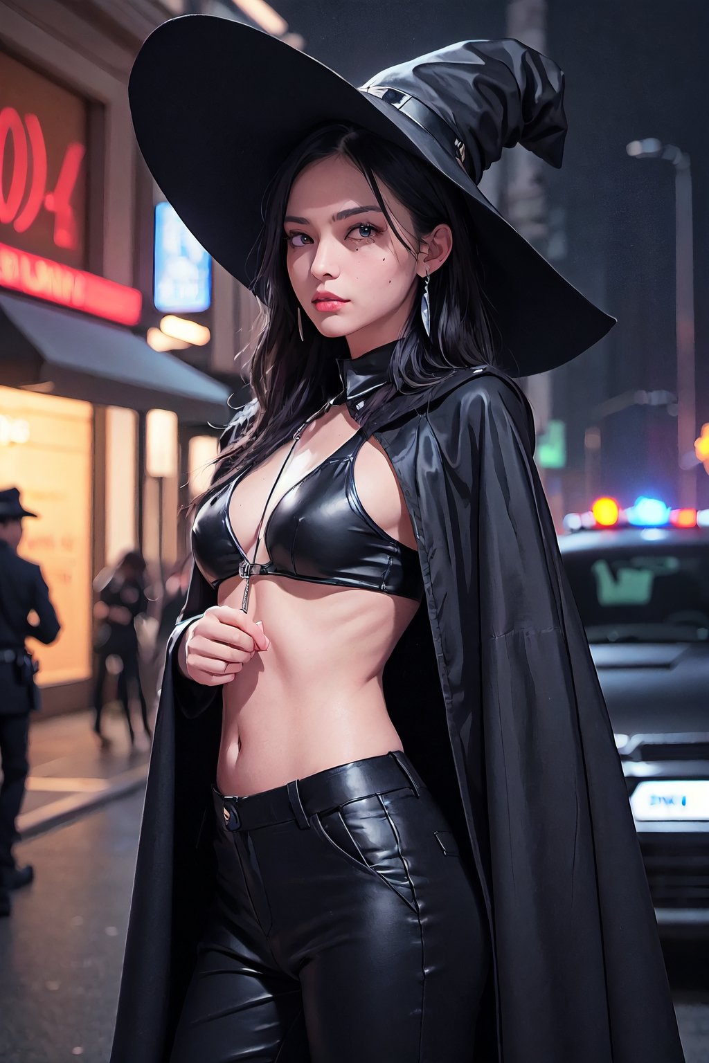 full shot of a woman wearing a police uniform, black suit shirt, black magic cloak, black medium hair, big witch hat, pants, clear skin, skinny, slim body, long earrings, angry, mole in the cheek, model pose, magic city street in the night, fantasy background, realist background,