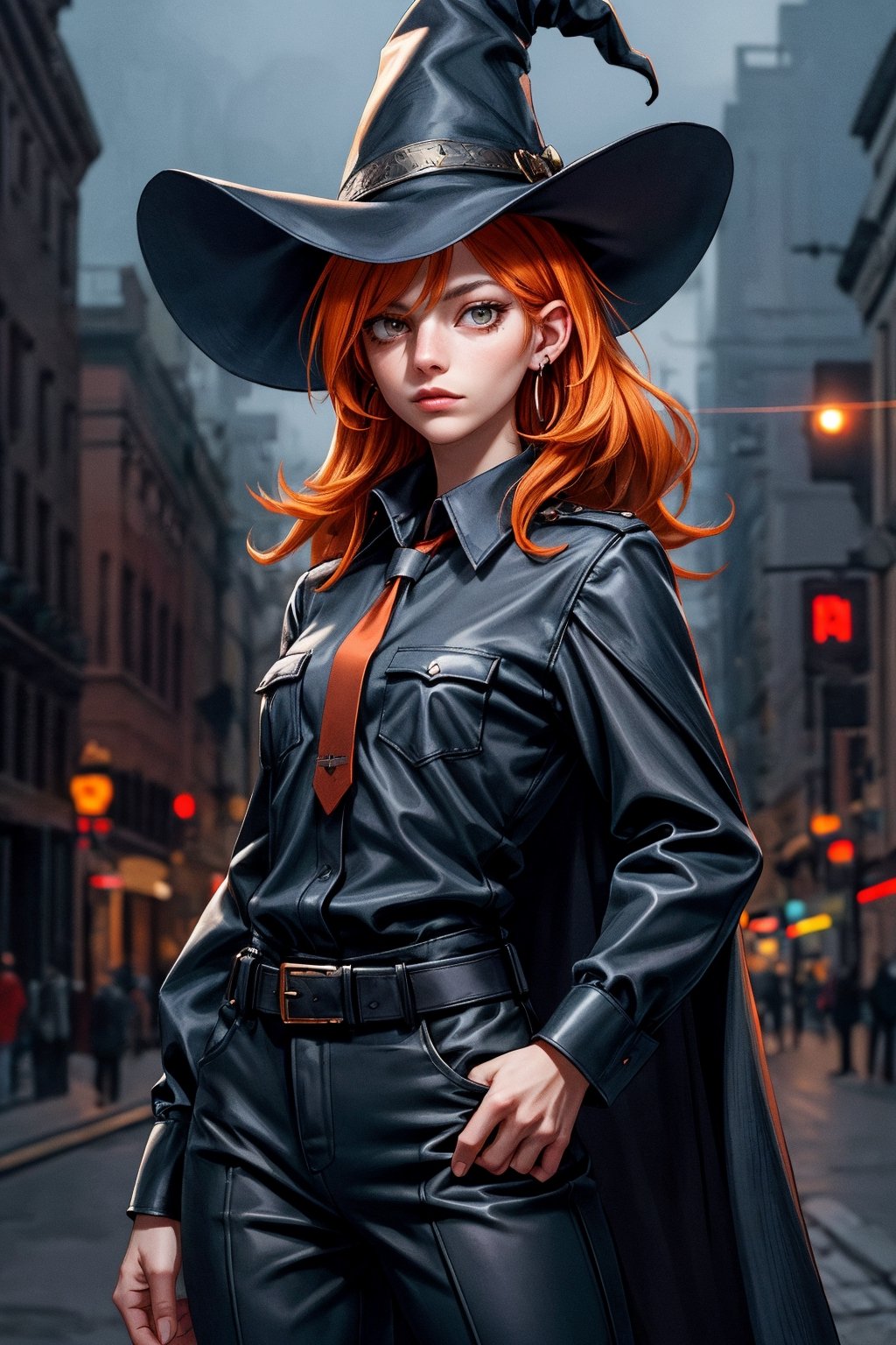 cowboy shot of a woman wearing a police uniform, orange hair, black suit shirt, black magic cloak, big witch hat, pants, clear skin, skinny, slim body, long earrings, model pose, in a magic city street, in the night, fantasy background, realist background, Realism,Portrait, ,sks woman