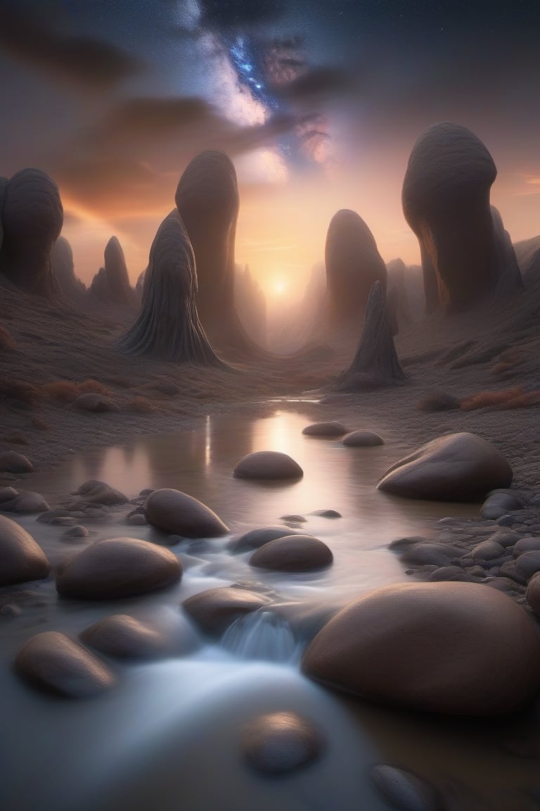 Award-winning fantasy photograph of an epic surreal landscape with flowing liquid metal rivers, towering crystalline structures, and levitating boulders, a congregation of ethereal beings communicating telepathically, in the twilight of a binary star system casting eerie shadows, and showcasing the captivating beauty of the alien world. Captured using a Canon EOS R5 with a 16-35mm f/2.8 lens at f/5.6, ISO 200, and a graduated ND filter, this visually striking image highlights the perfect balance of composition and post-processing techniques,Extremely Realistic