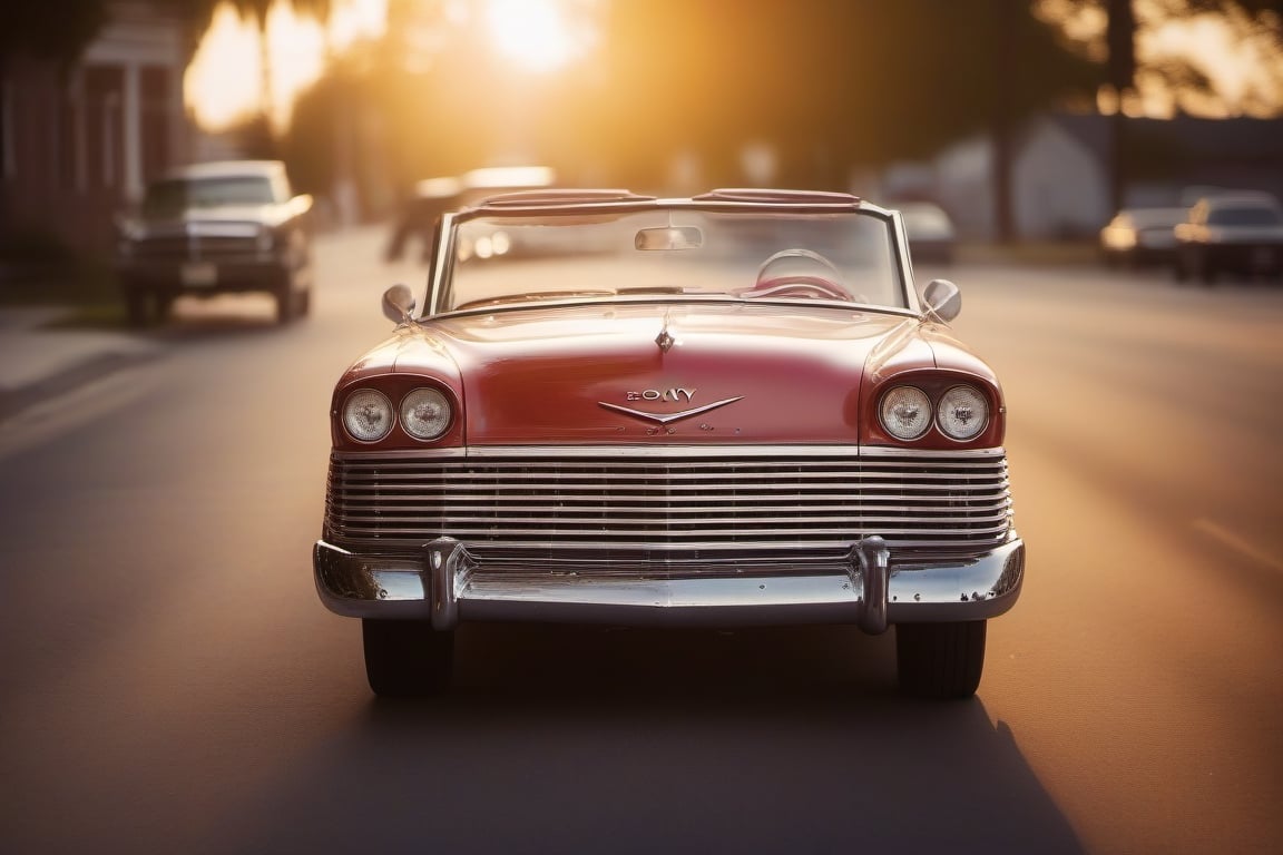 /imagine prompt: Image of a classic convertible car cruising down the street, retro, stylish, vintage, glamourous, powerful, telephoto lens, sunset, automotive photography, color film., Lens Flare, Sony Alpha 7R IV, Ground Level, Nikon AF-S 70-200mm --ar 16:9 --repeat 40 --chaos 100 --s 950 --q 5 --stop 100