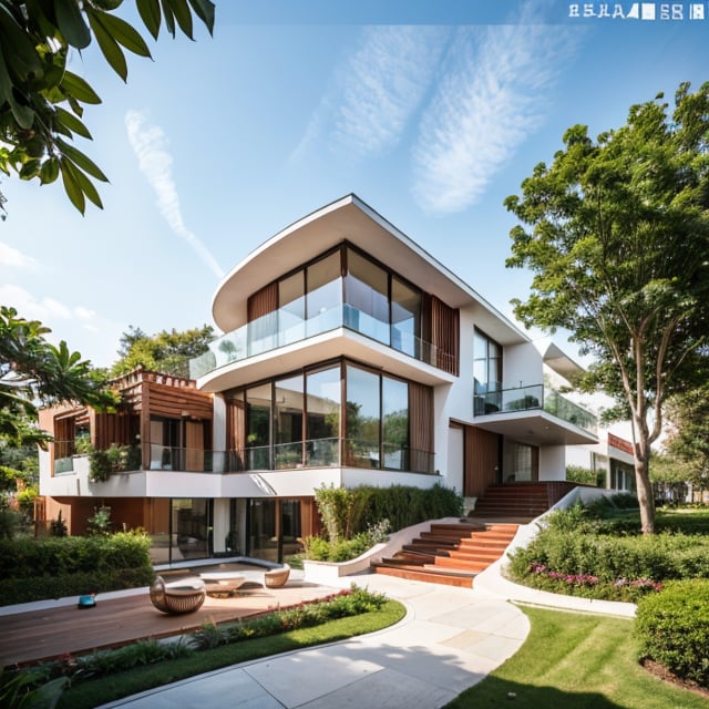 Modern style, villa building, interior furniture, exterior house, contemporary style, (red clay brick) wall, granite floor, glass window, (realistic:1.2), Masterpiece, high quality, best quality, finish white paint , grass terrace base, (lighting interior:1.2), daylight blue sky, UHD 8K,