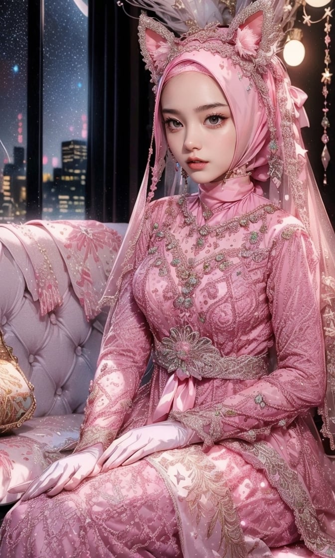 soft lighting, 1girl, alone, sitting, (starry sky, night, city),(pink dress:1.2), fox ears, (subsurface scattering), long hair, black sofa, elbow gloves, window, shelf, white bows, pink ribbons, pink ribbons,HSR,1 girl,R1gBy,hijab wedding