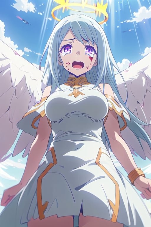 masterpiece, best quality, AltSiaV4, 1girl, solo, smile, open mouth, dress, jewelry, cowboy shot, wings, white dress, bracelet, halo, feathered wings, angel wings, light rays, angel, ((anime coloring)), Purple_eyes, Long_Hair, Hair long, long hair, hair_long, with blood-covered wounds on his abdomen, his expression is one of pain, neutral face, Cold face, oppai, Oppai. crying, sad, blood covered