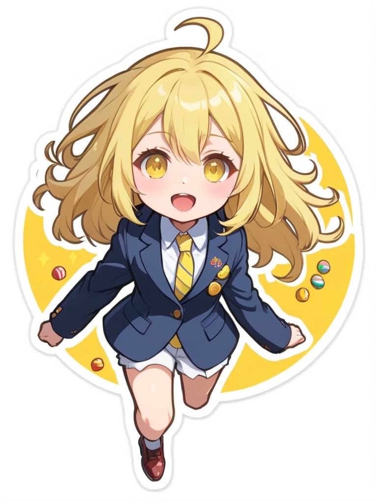 ((best quality)), ((masterpiece)), (detailed), 1girl,light yellow hair, gradient hair, gold eyes, eat candy, Bunches hair, cute face, innocent, full body, Blazer, origin,looking at viewer,sticker, running