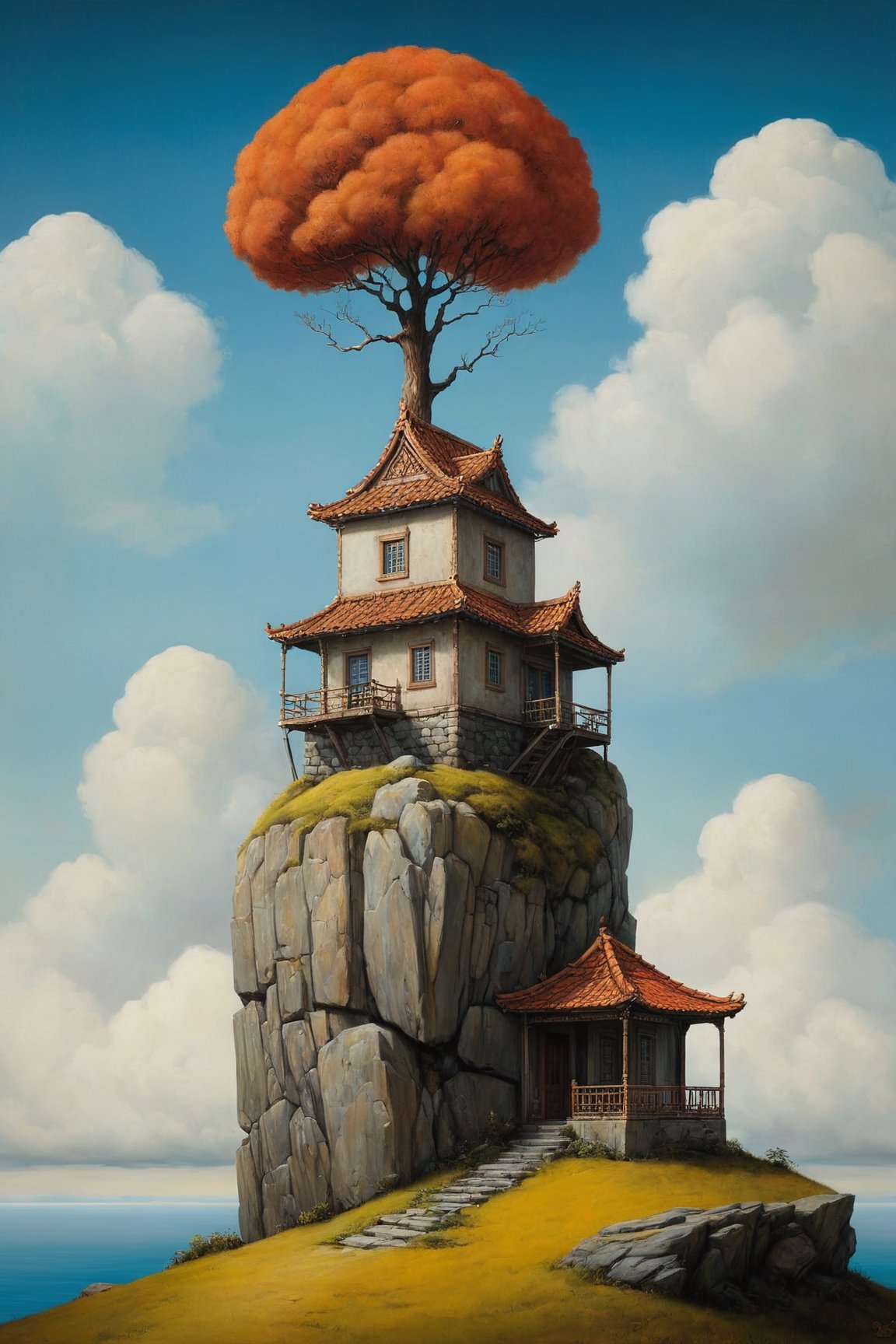 outdoors, sky, day, cloud, tree, blue sky, no humans, grass, plant, building, scenery, rock, architecture, house, east asian architecture,Delfino_Plaza, in the style of esao andrews,esao andrews style