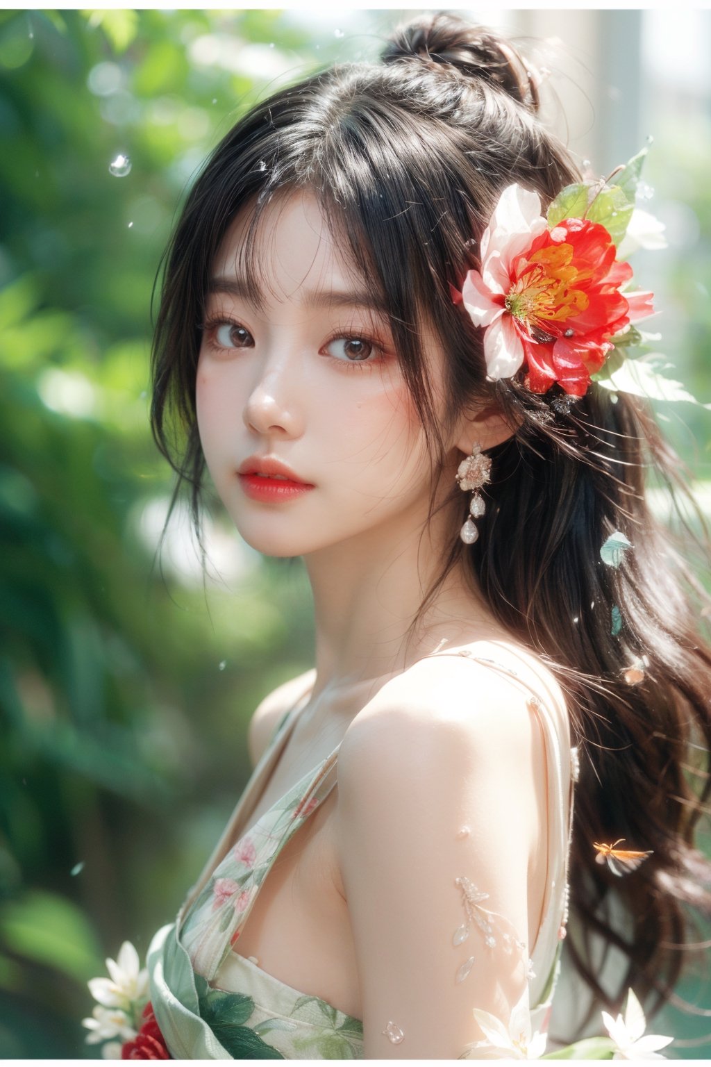 1girl, solo, half body,  face directly, black hair, hair ornament, closed mouth, flower, japanese clothes, hair flower, kimono, blurry, lips, eyelashes, depth of field, bug, butterfly, portrait, blurry foreground, water drop, realistic, nose, red lips,1 girl,Young beauty spirit ,chinatsumura,Soojin 