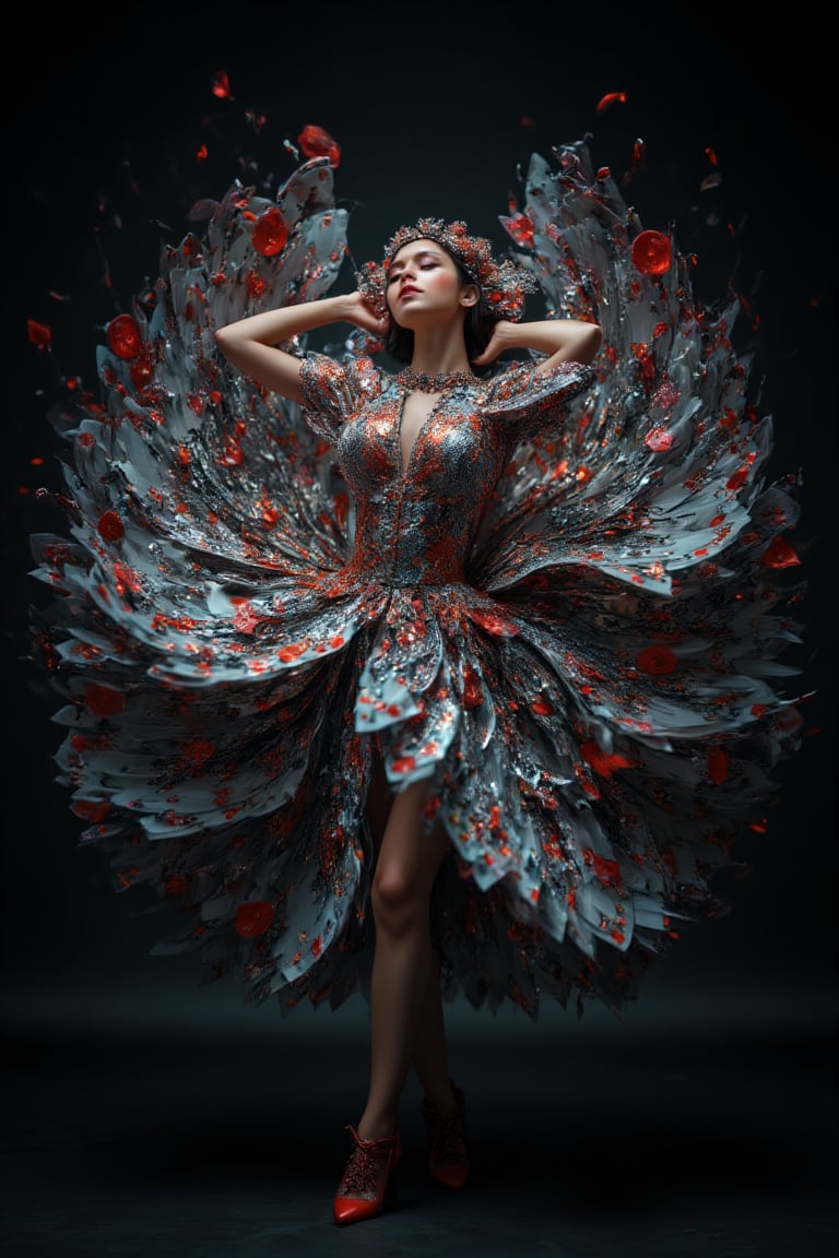 A stunning, surreal image of a dancer wearing an intricate, feathered dress made up of playing cards, creating a mesmerizing and visually striking effect. The dancer is posed gracefully against a dark background, with the cards appearing to flow outward in a dramatic, fan-like shape. This image could be generated with the following prompt:
A woman wearing an elaborate, feathered dress made entirely of playing cards, in the style of Dmitry Kustanovich, delicate modeling, photobashing, Felicia Simion, UHD image, Ekaterina Panikanova, glittery and shiny, HDR, dynamic pose, 32K, sharp focus, illustration. By Sasan