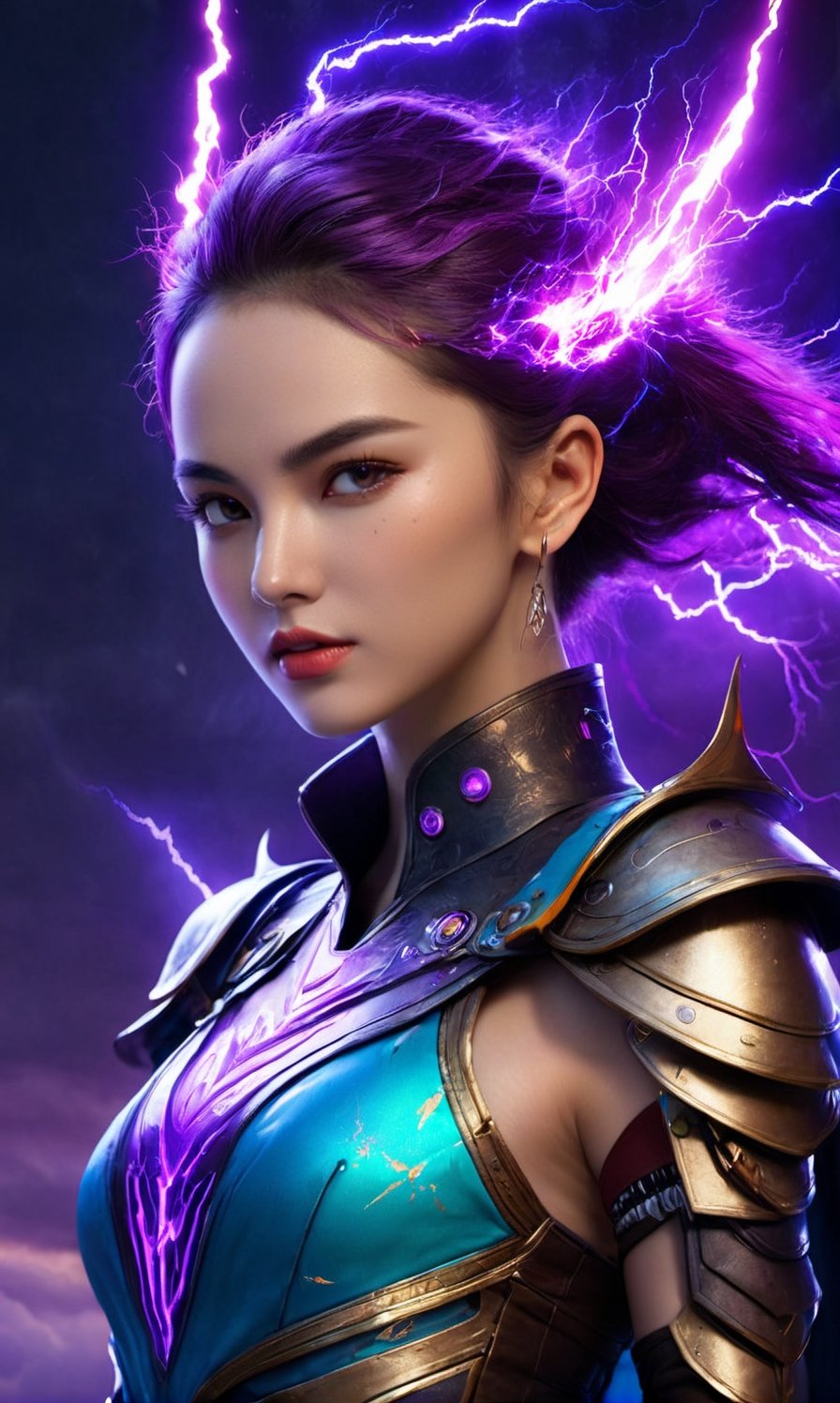 14 years old,1girl(best quality, UHD, ultra-detailed, masterpiece), (ultra-realistic, photorealistic), A breathtaking UHD portrait depicting the imposing Thunder God, his electrifying lightning strikes illuminating the sky in vibrant violet and cyan hues. Rendered with the precision of the Luminous Studio graphics engine and the brilliance of Octane render, the scene is enveloped in a cloudy haze, with fiery embers dancing around his thunderous crown.,Gigantic Breast,4ngel,Young beauty spirit ,Ava,xxmixgirl,aesthetic portrait,LegendDarkFantasy,glitter,xxmix_girl,p3rfect boobs,yeseo,sll,Disney pixar style,Dragon,cyborg style,cyberpunk style