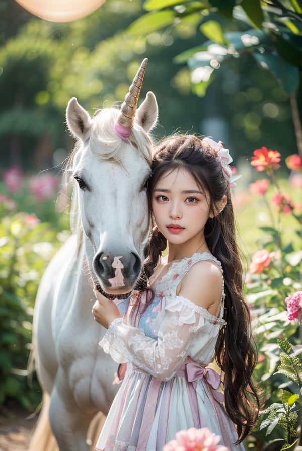 1girl, solo, long hair, looking at viewer, brown hair, black hair, dress, ribbon, holding, brown eyes, flower, outdoors, horns, blurry, lips, depth of field, blurry background, animal, plant, single horn, pink ribbon, realistic, horse, unicorn,1 girl