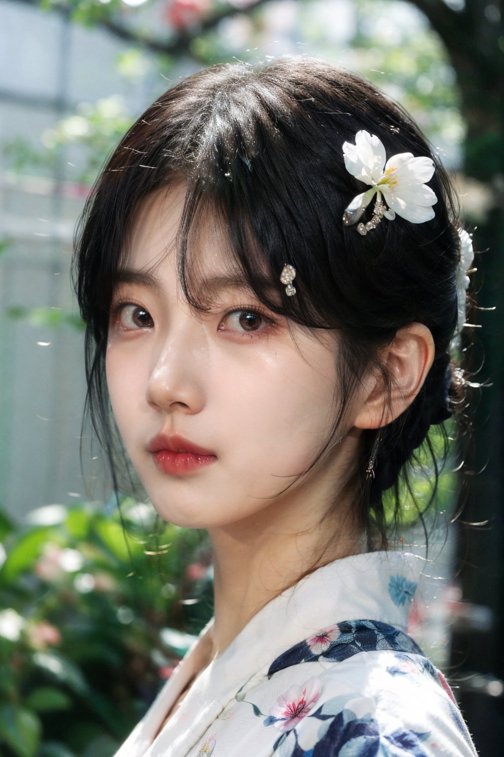 1girl, solo,big breasts, upper body, black hair, hair ornament, closed mouth, flower, japanese clothes, hair flower, kimono, blurry, lips, eyelashes, depth of field, butterfly, blurry foreground, water drop, realistic, nose, red lips,1 girl,Young beauty spirit ,chinatsumura,Soojin ,Gigantic Breast