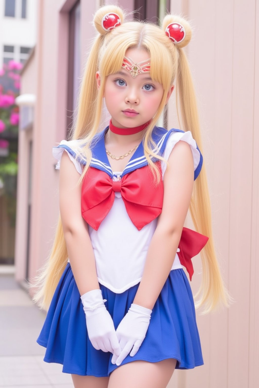 masterpiece, best quality, sailor moon,1girl, long hair,jewelry, sailor senshi uniform, blue sailor collar,blonde hair, red choker,white gloves, twintails, red bow, blue skirt, blue eyes, hair bun,