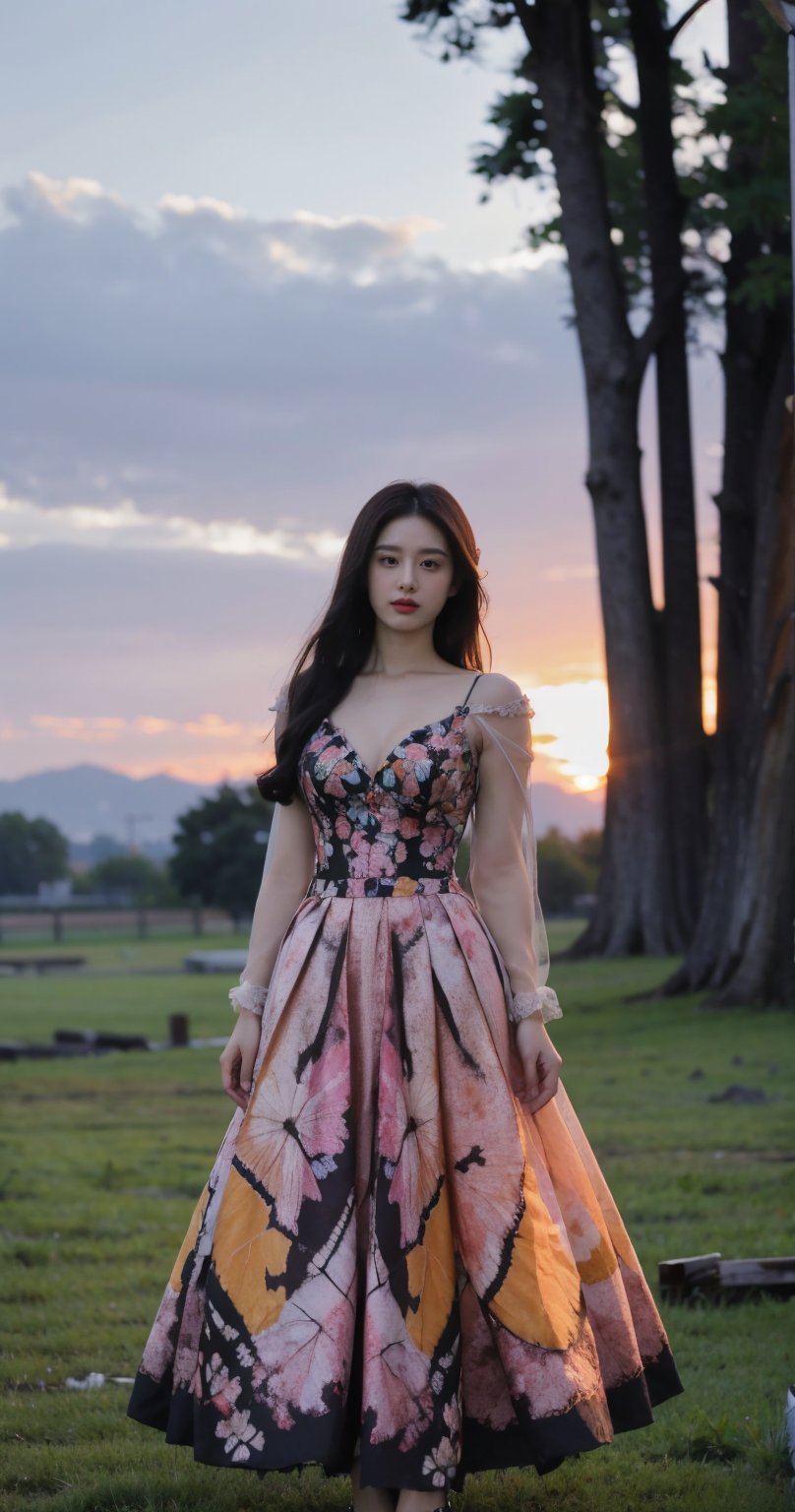 Standing in the middle of a meadow, a girl is illuminated by the warm glow of the setting sun behind her. The sky is painted with vibrant hues of orange, pink, and purple, casting a magical light over the scene. The sunlight creates a striking silhouette around her figure, making her the focal point of the landscape. Her hair catches the light, creating a halo-like effect, and her presence exudes a serene and ethereal beauty against the backdrop of the tranquil, fading day.upper body, portrait ,cleavage ,butterfly dress,looking_at_viewer,round breasts ,khoai 16